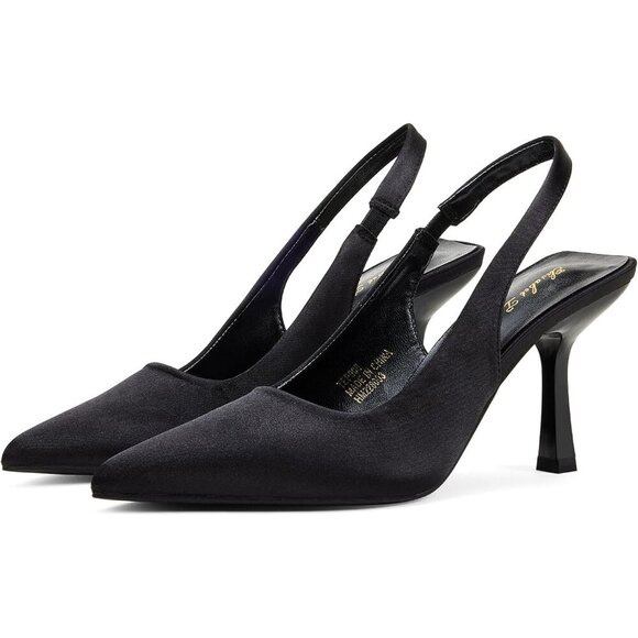 Shoes - Women Black Satin Pointed Closed Toe mid Slingback Mid High Heels Stiletto Pumps